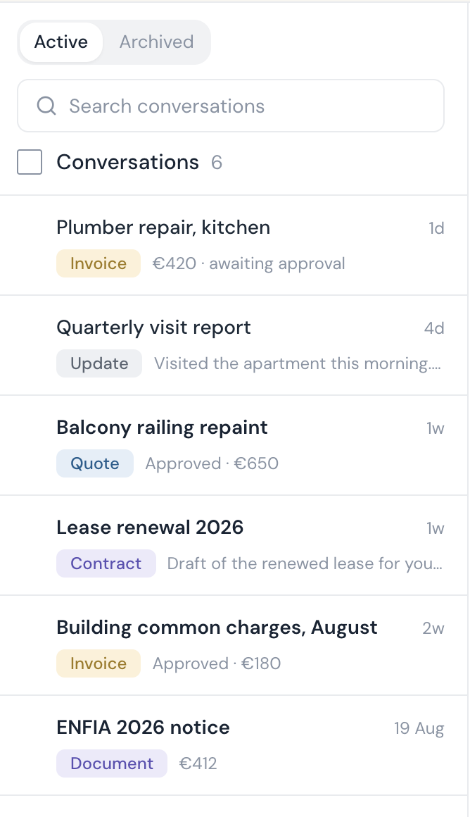 The client's list of conversations for one property, each with its status